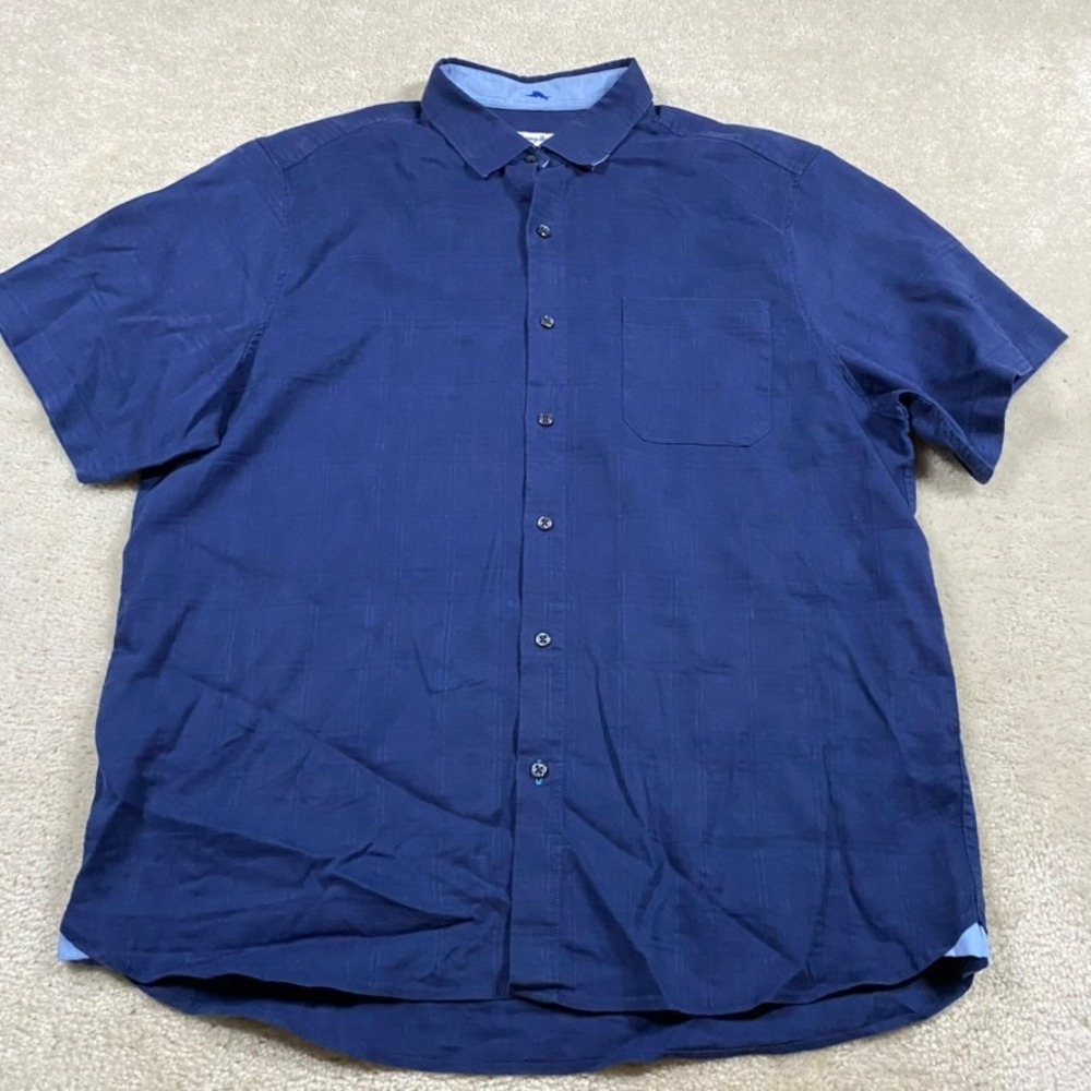 Tommy Bahama Linen Shirt Mens XL Navy Blue  Short Sleeve Button Down Stripe
